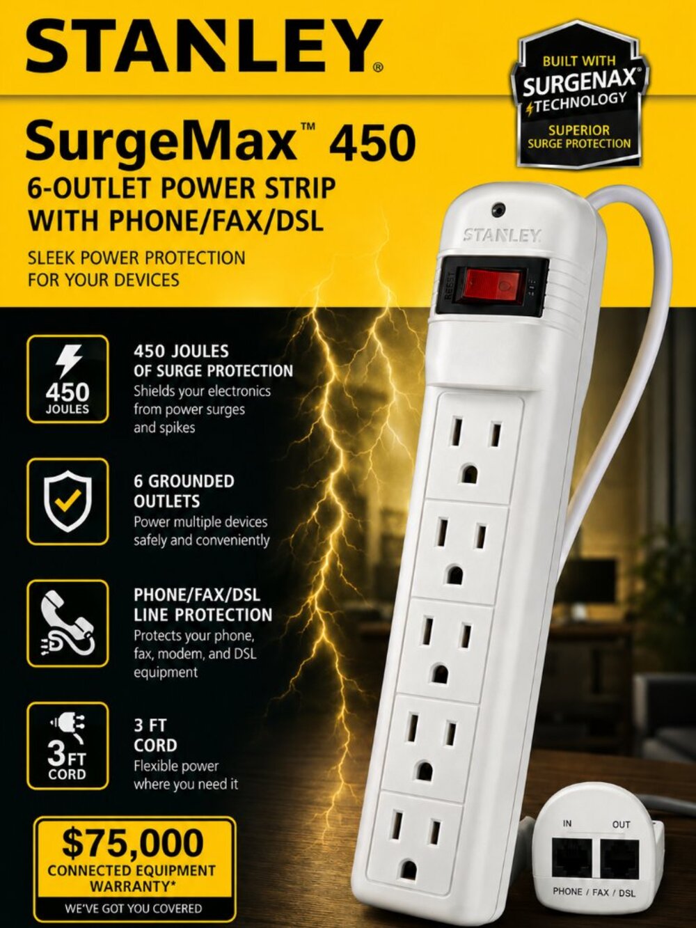 New Stanley 33216 6 Outlet White Phone & Fax Surge Suppressor